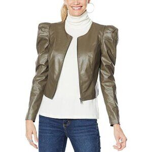 NEW! G by Giuliana Black Label PuffSleeve Faux Leather Jacket, Dark Olive